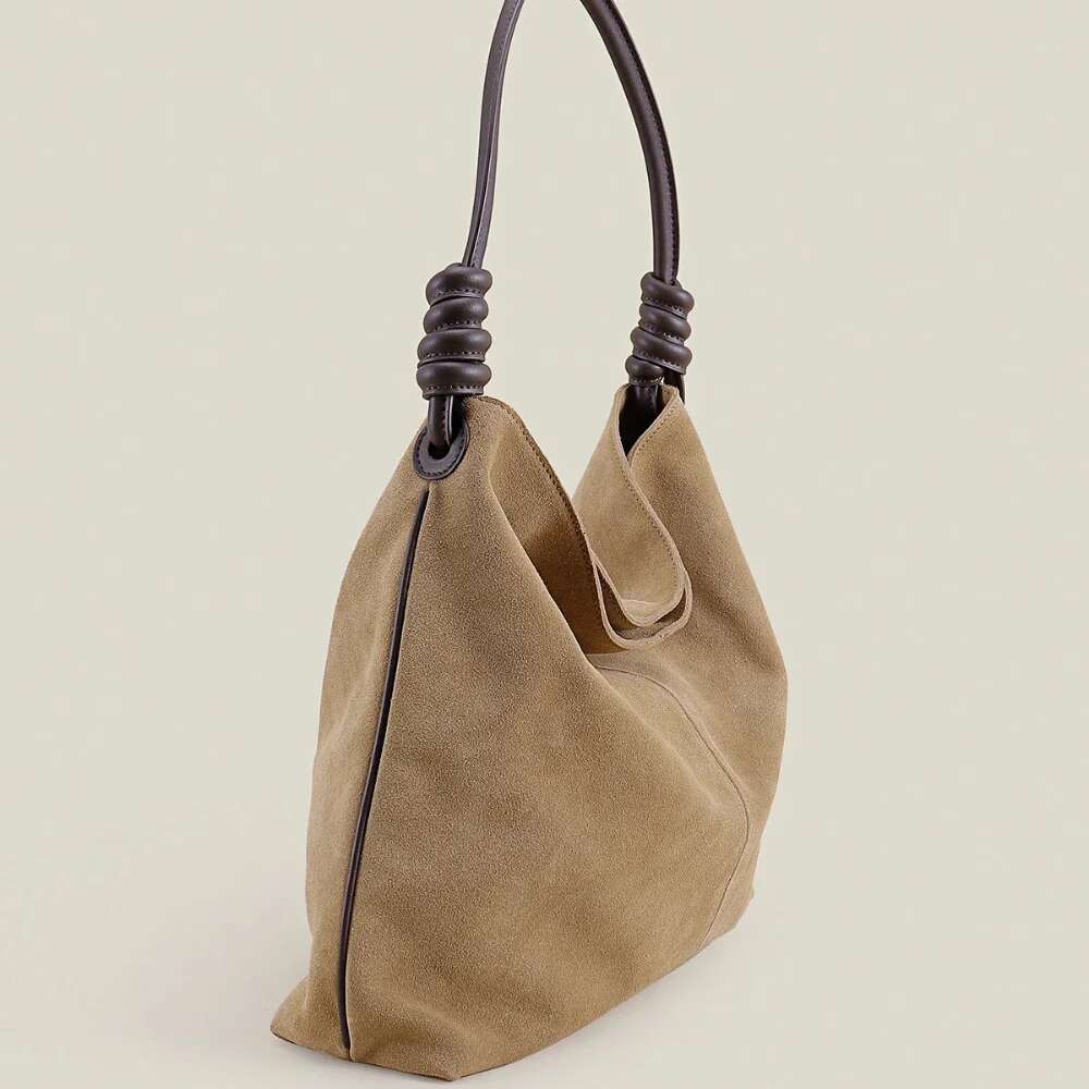 New 2025 Winter Matte Kakhi Color Women Tote Soft Thick Cow Suede Leather Female Shoulder Bag Large Round Rope Handle Handbag