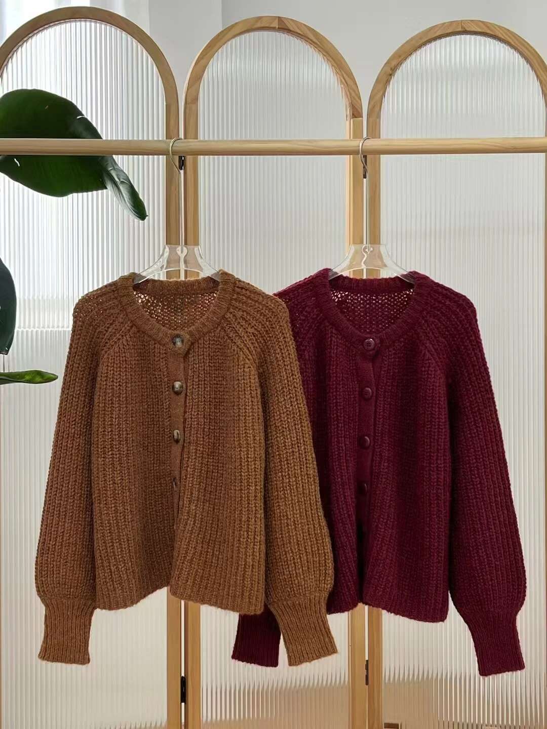 Alpaca Blends Sweater Women's Solid Color Single Breasted Round Neck Long Sleeve Female Knit Cardigan