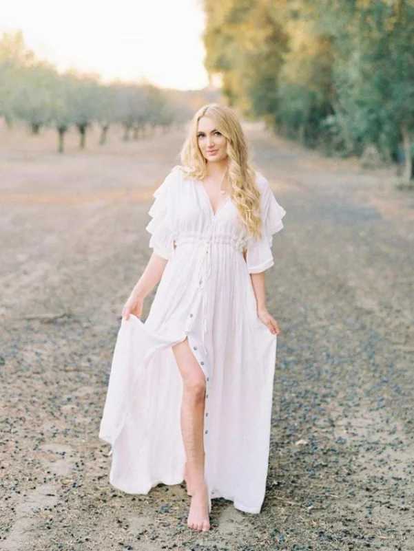 Bohemian maternity photography prop dress button decoration pregnancy photo shoot Bohemian baby shower long dress front seam W250113