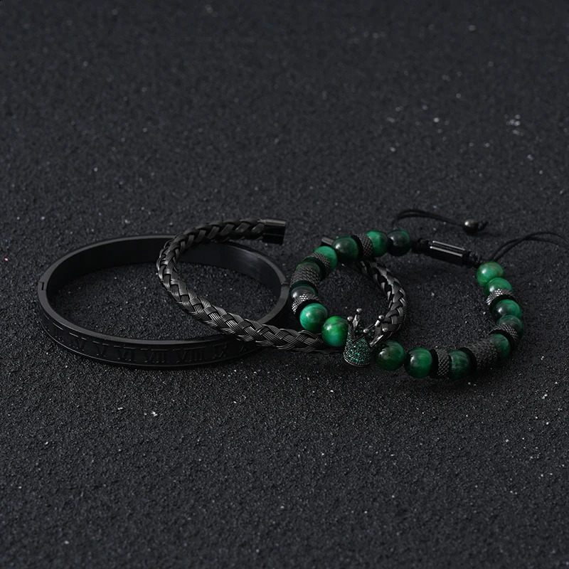 Set Tiger Stone Bead Crown Talisman Mens Bracelet Black Roman Stainless Steel Bracelet Womens Jewelry Halloween Gift 250109