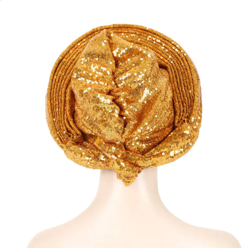 Sequins African Autogele Headtie Nigeria Wedding Geles Already Made Auto Gele Women Head Wraps Female Turban Cap Party Headgear250108