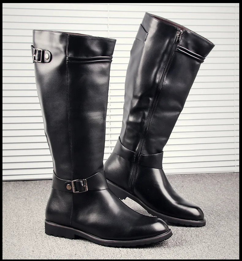 British Mens Black Leather Knee High Boots er Zip Long Motorcycle Shoes Antique Cosplay Stage Botas Casual Comfort Zapatos 250106