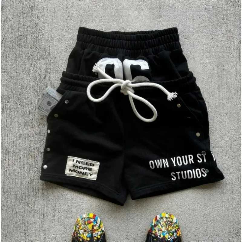 Summer new style drawstring double-ended pants American retro washed personalized printed casual shorts trendy retro loose pantsXJ250114