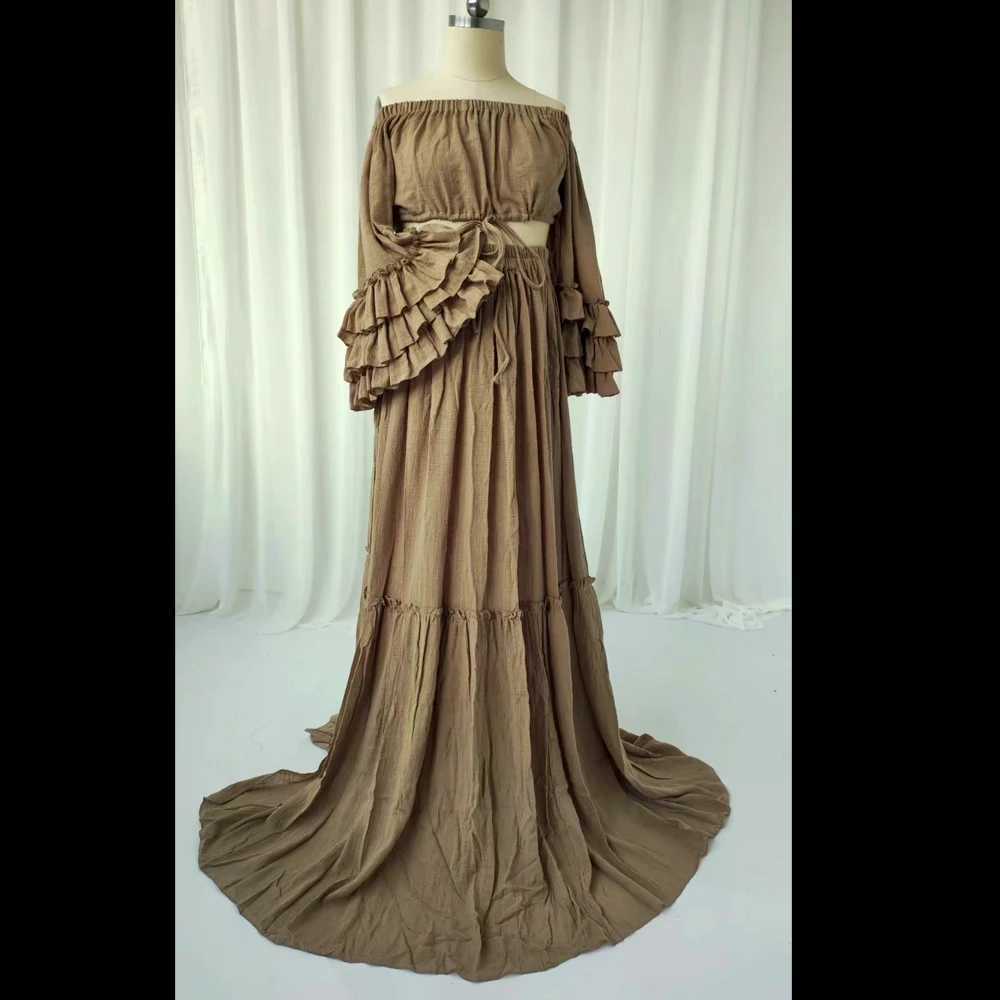 Linen cotton pleated lace long sleeved shoulder two-piece set photo shoot for women Bohemian chiffon dress W250113