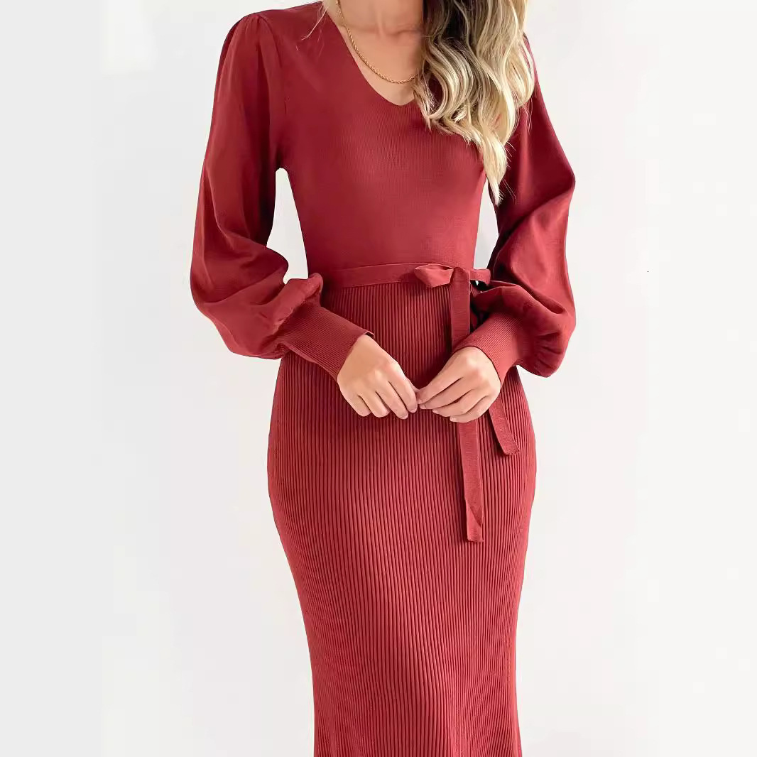 Womens New Autumn/winter Knitted Dress Slim Fit Deep V-neck Woolen Dress