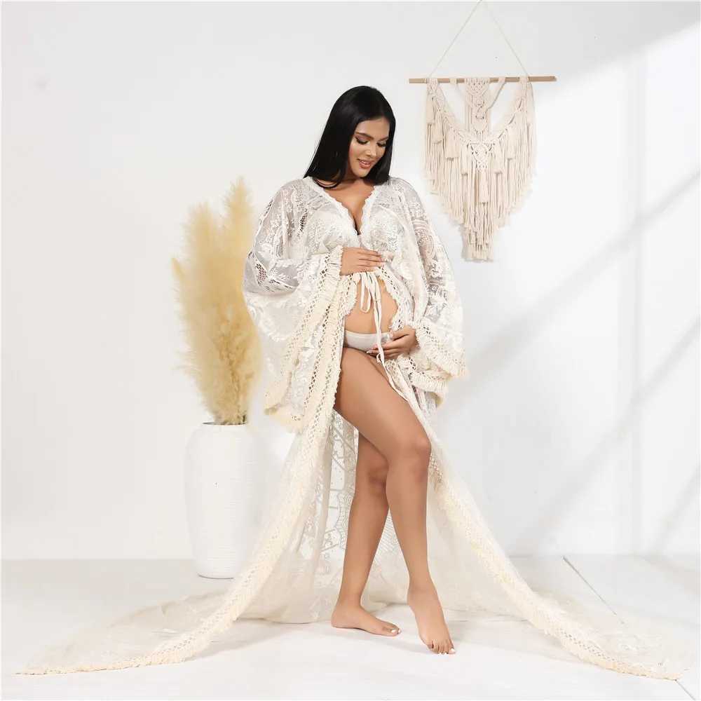 Beige lace bohemian pregnant woman photo shoot dress long train tassel pregnant woman photo long kimono dress W250113