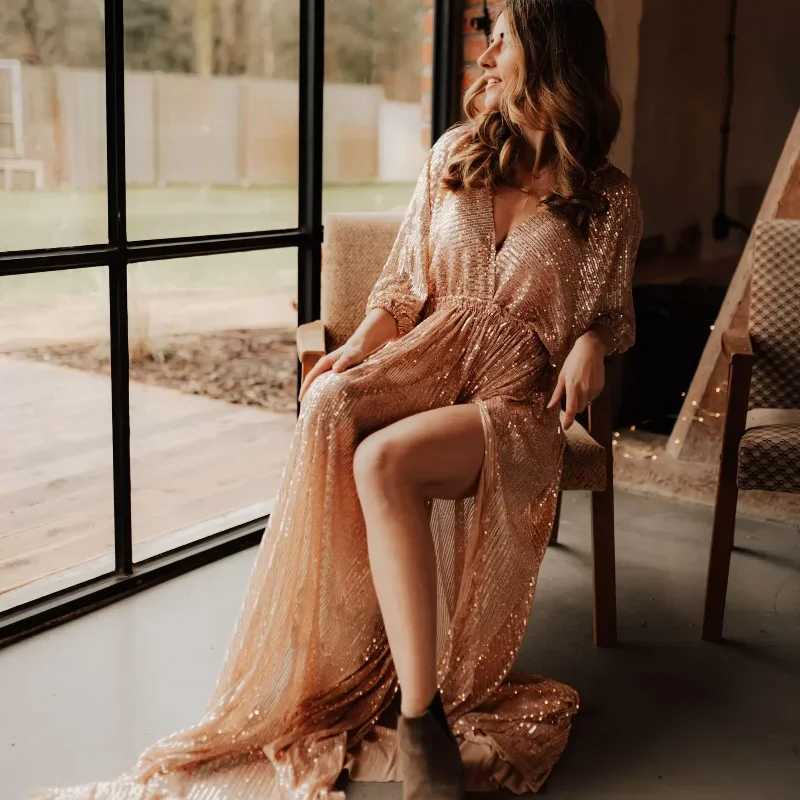 Elegant sequin maternity photography prop dress Bohemian V-neck maternity photography dress maternity clothing photography W250113