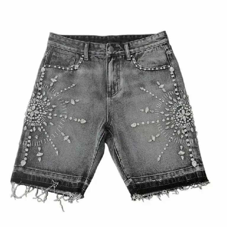 Streetwear Shorts Y2K Jeans Men Hip Hop Gothic Rhinestone Sequin Retro Black Baggy Denim Fitness Shorts High Waist Casual ShortsXJ250114