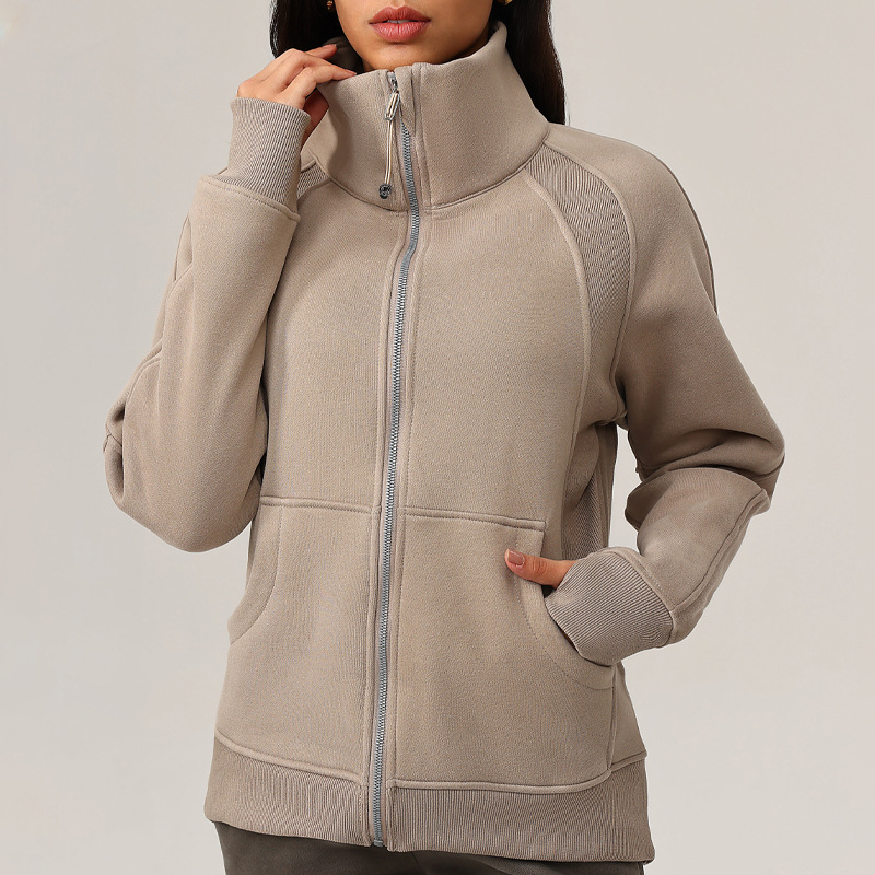 High quality versatile women's outdoor sports and fitness plus thick fleece hoodie loose sports jacket stand collar warm yoga casual loose top