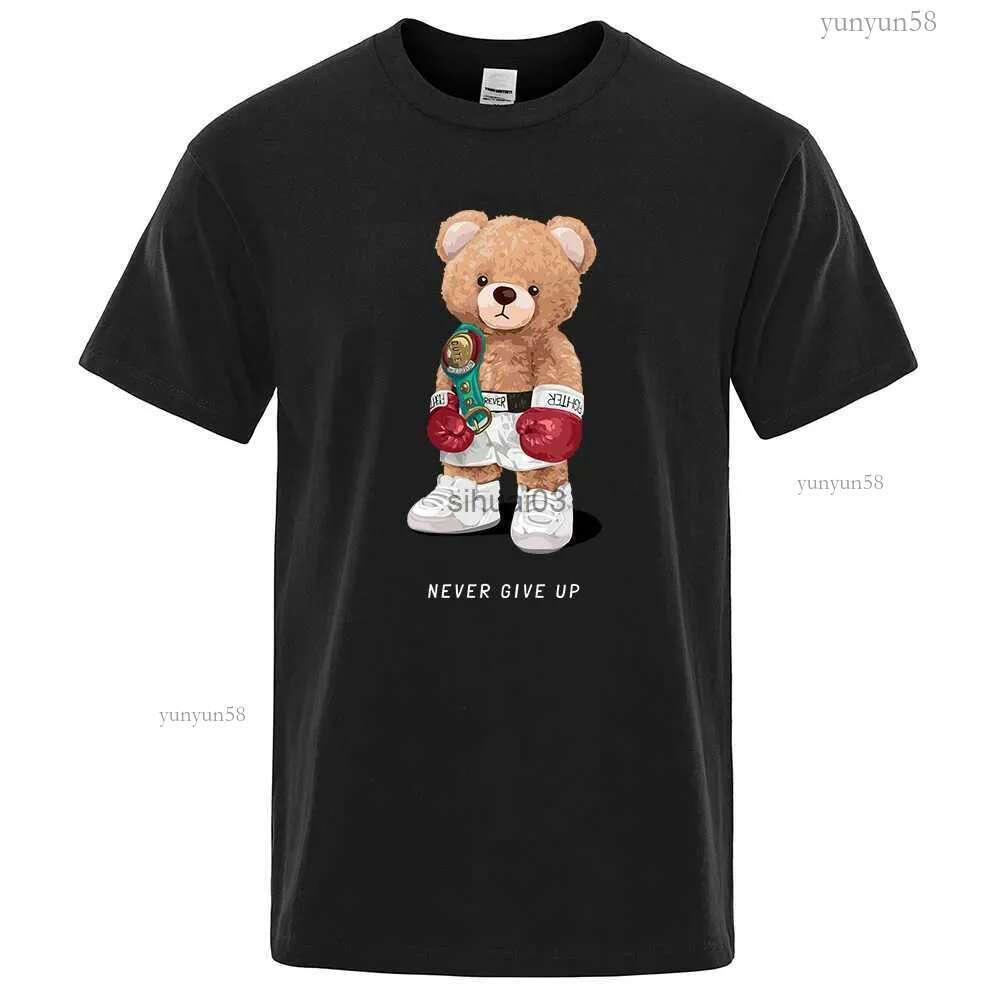 Men's T-Shirts Strong Boxer Teddy Bear Never Give Up Print Funny T-Shirt Men Cotton Casual Short Sleeves Loose Oversize S-XXXL Tee Clothing