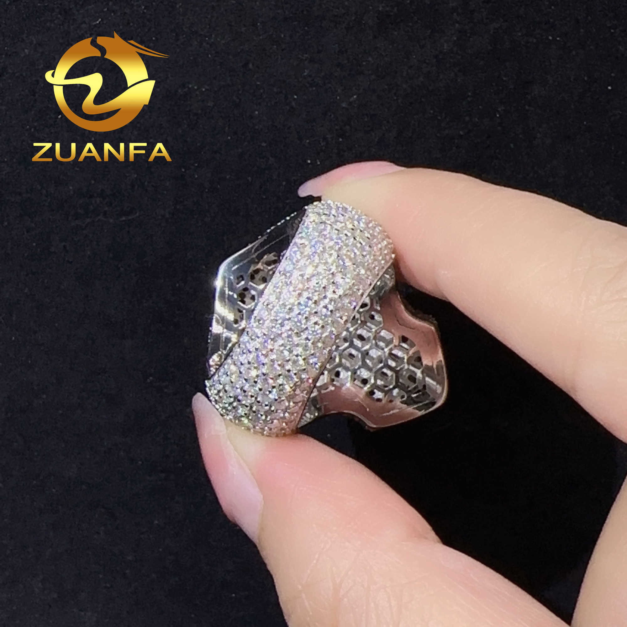 Custom Jewelry 18k rose gold Plated Iced Out Vvs Baguette Moissanite Ring for men Cross Hip Hop Ring 925 Sterling Silver