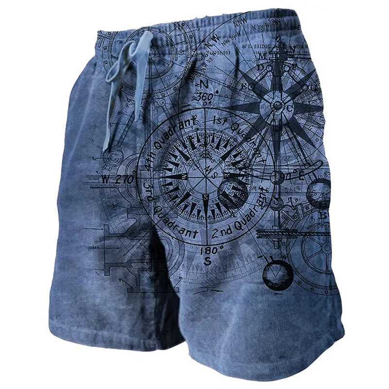 Mens Retro Beach Shorts Classic Compass 3D Printed Street Hip Hop Mens Retro Beach Shorts Breathable Daily Holiday Ice ShortsXJ250407
