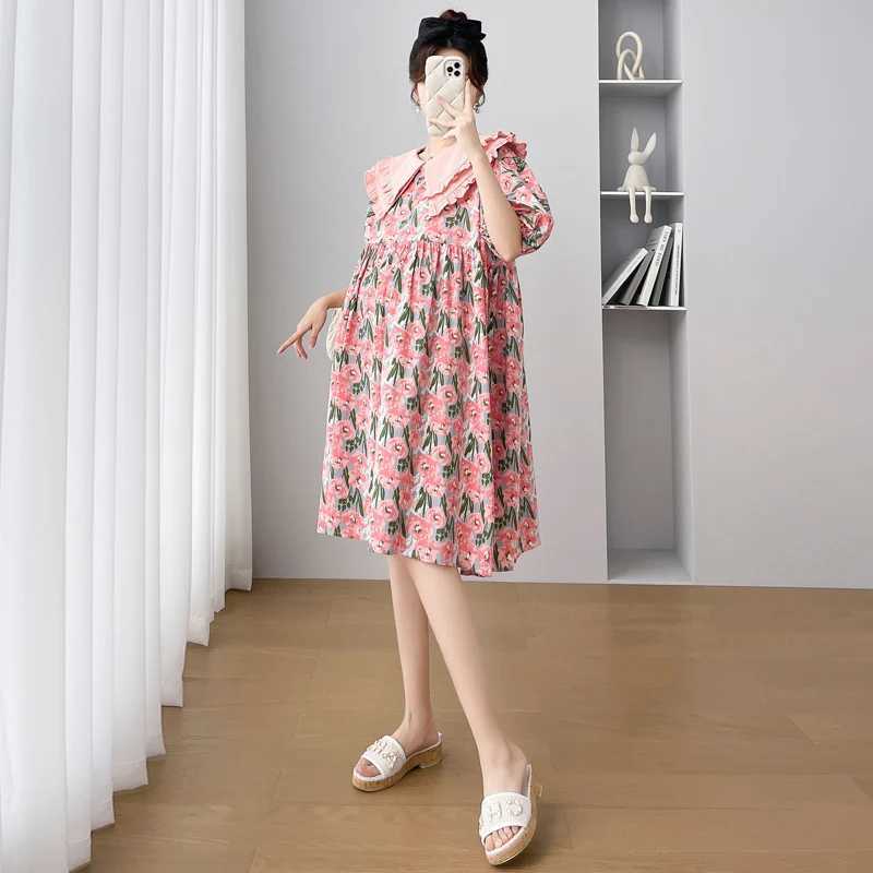 Korean style double-layer Peter Pan collar puff sleeves plus size pregnant floral dress knee length pregnant dress loose fit W250113