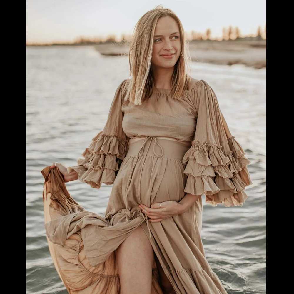 Linen cotton pleated lace long sleeved shoulder two-piece set photo shoot for women Bohemian chiffon dress W250113