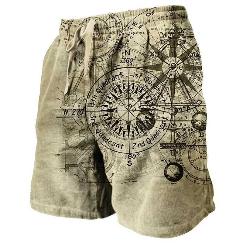 Mens Retro Beach Shorts Classic Compass 3D Printed Street Hip Hop Mens Retro Beach Shorts Breathable Daily Holiday Ice ShortsXJ250407