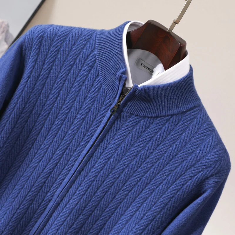 Mens Autumn And Winter Top 100% Merino Wool Knit Sweater With Zipper Stand Up Collar And Wheat Grain Pattern Cardigan 250113 - view 4