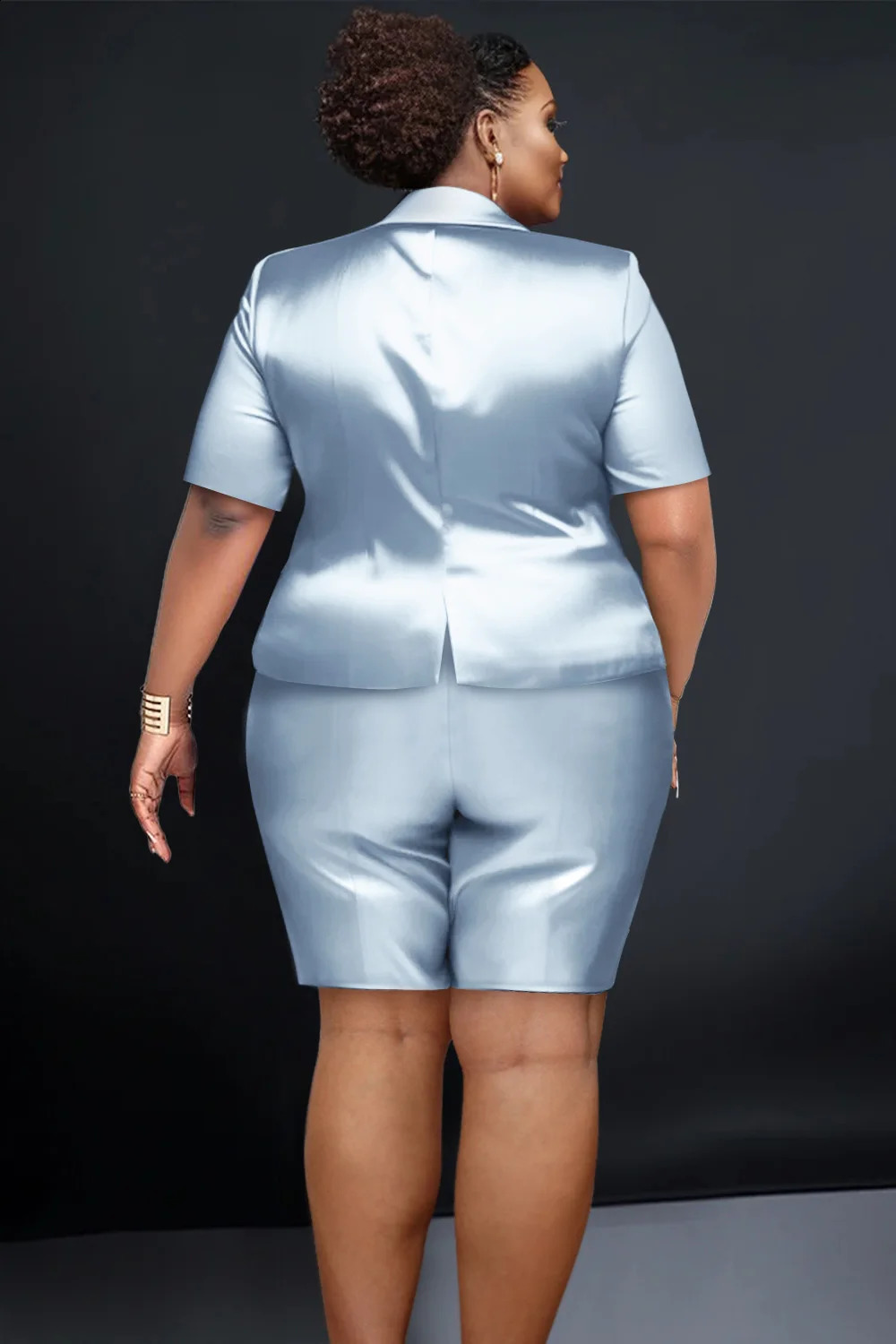 Large semi formal light blue lapel short sleeved satin twopiece set y250122