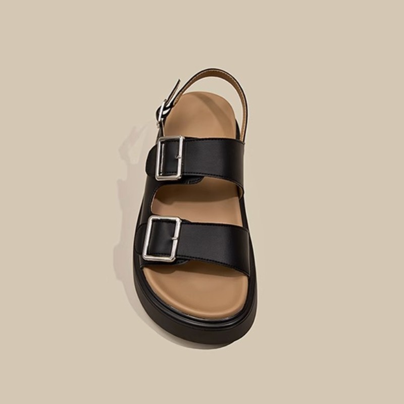 2025 sandals for women flat slippers Soft leather women's thick bottom buckle black brown khaki indoor outdoor casual shoes sandal slipper slide
