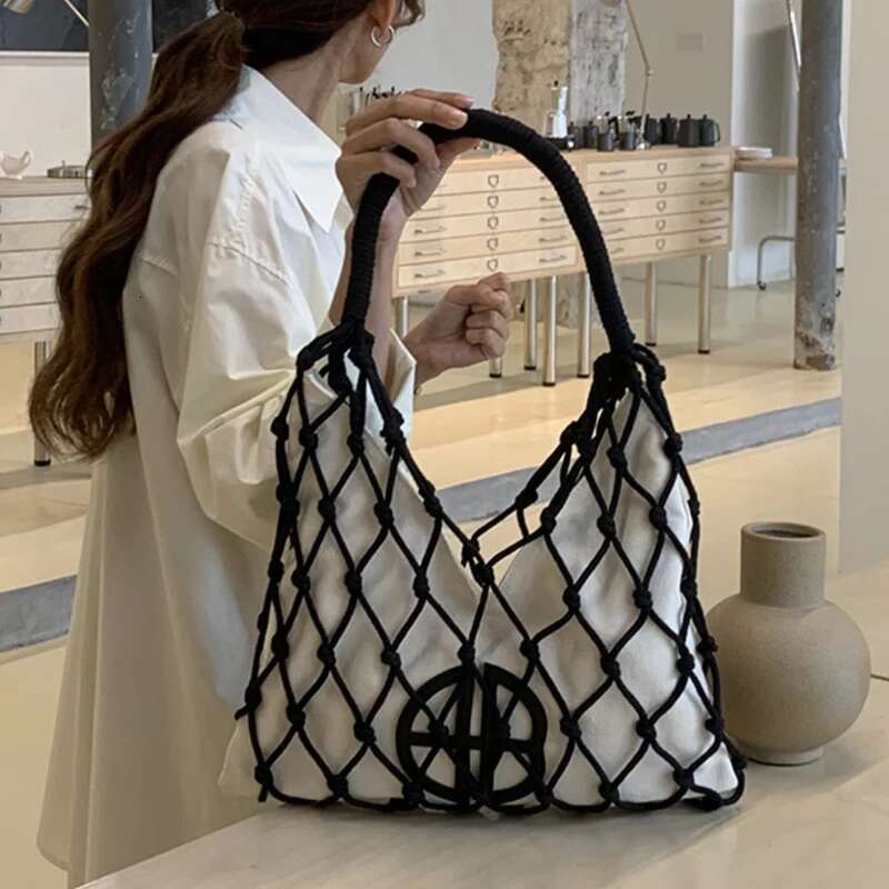 Hollow Out Slim Beach Bags For Women Designer Handbags Purses New In Nylon Rope Braided Canvas Inner Pocket Shoulder