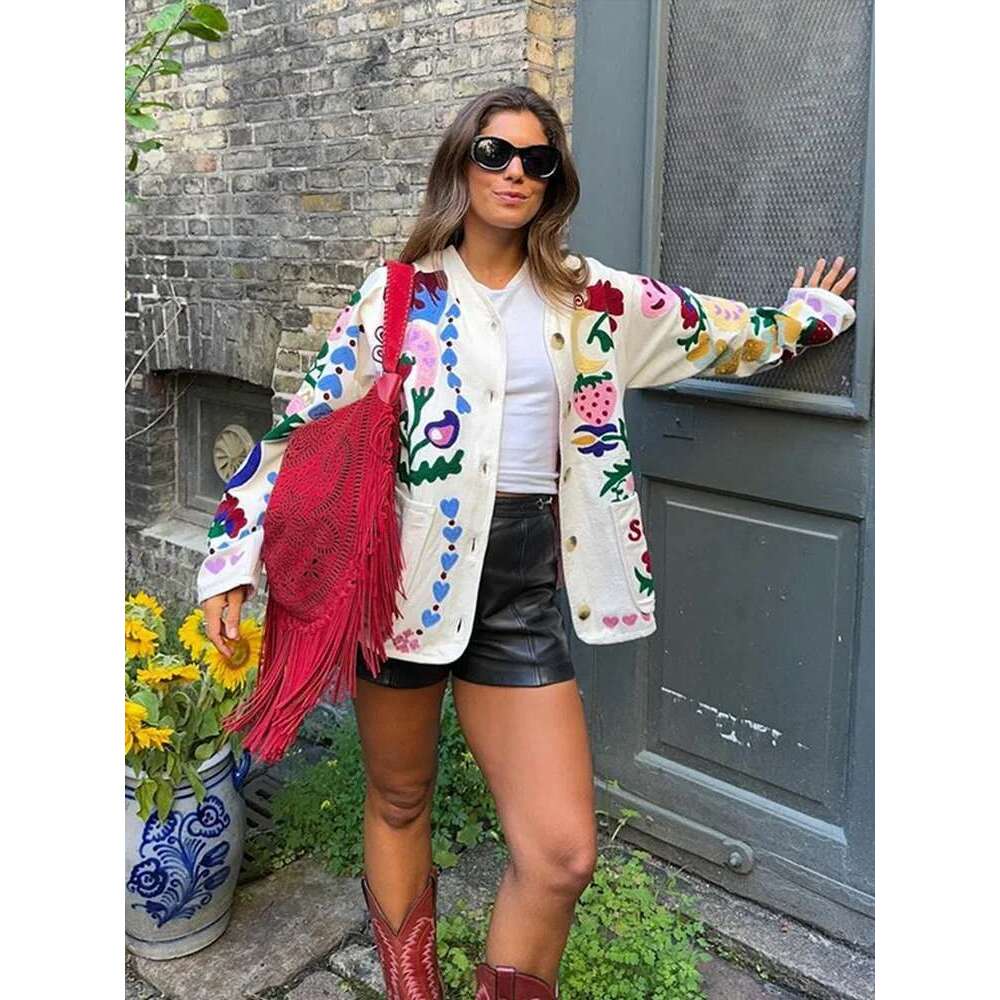 Women's Wear Printed Women's Jacket Autumn Long Sleeve Single Breasted Female Coats Street Fashion Loose O Neck Contrast Lady Outwears
