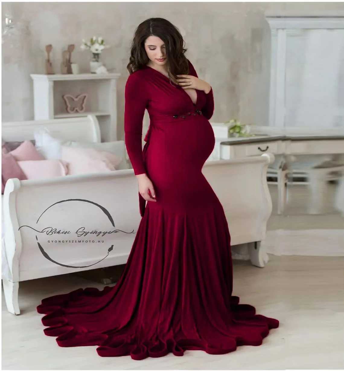 2024 Cotton Pregnant Womens Wedding Photography Sexy V-neck Pregnant Womens Fancy Dress Photography Props Maxi Dress W250113