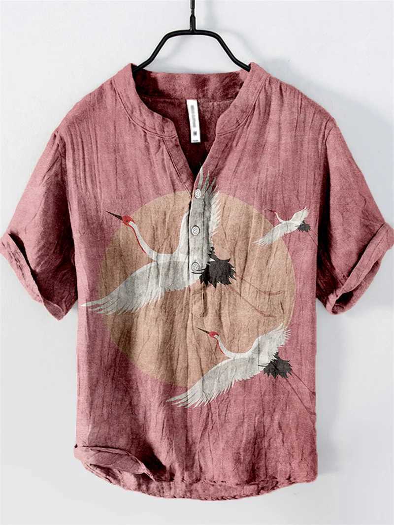 Spring/Summer Mens Shirt Stand Alone Casual Fish Pattern Hawaiian Style Shirt Mens Top 100% Linen W250114