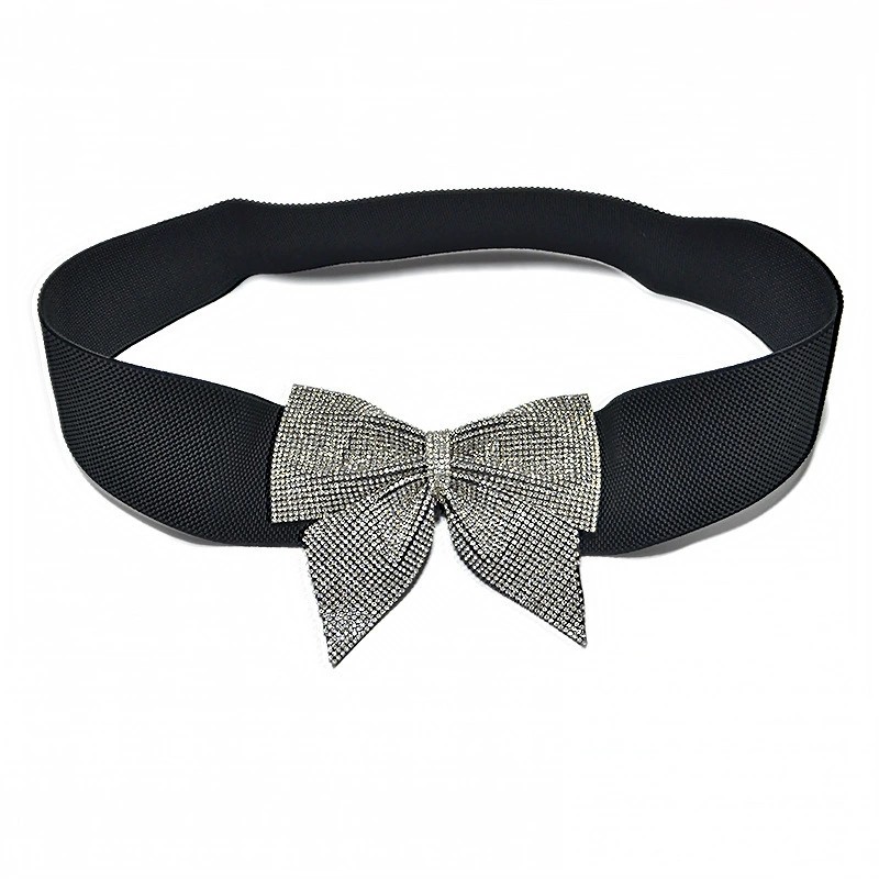 New rhinestone bow elastic elastic ladies decorative dress belt wide waist seal black