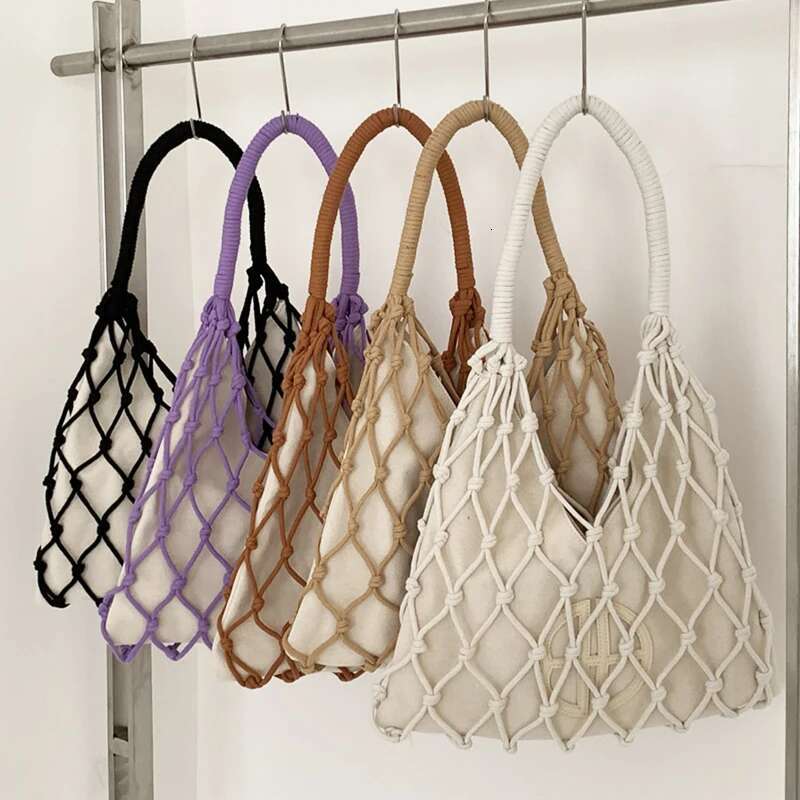 Hollow Out Slim Beach Bags For Women Designer Handbags Purses New In Nylon Rope Braided Canvas Inner Pocket Shoulder
