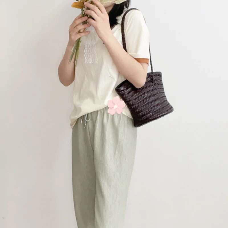 Cowhide Hand-Woven Retro Leather Woven Bucket Single Shoulder Vegetable Basket Bag Female