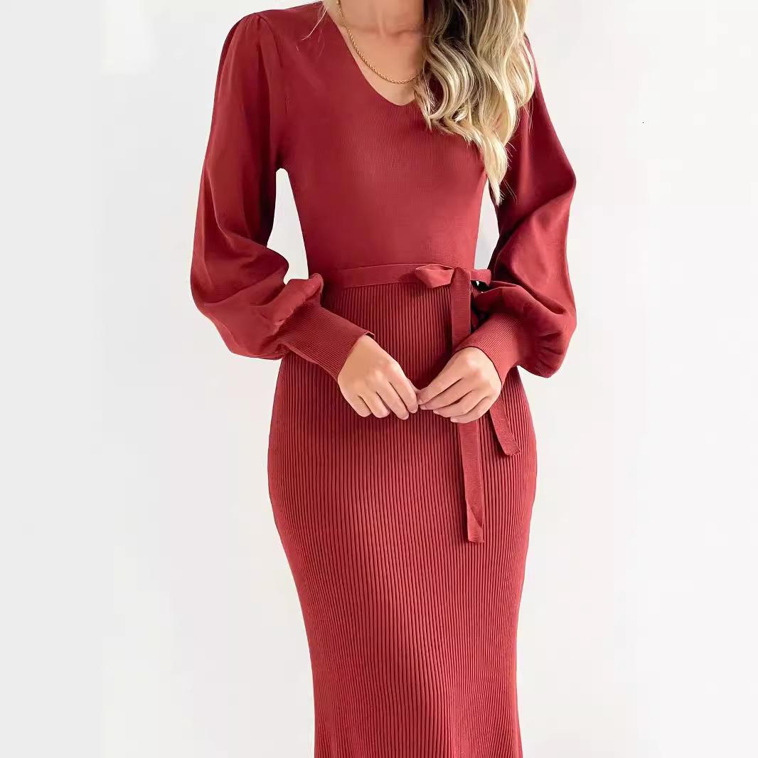 Womens New Autumn/winter Knitted Dress Slim Fit Deep V-neck Woolen Dress