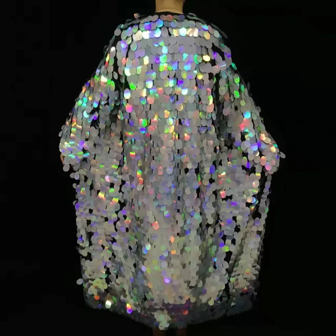 Gold Sequins Long Coat Stage Costume Women Singer Leading Dance Hip Hop Punk Glitter Mirror Cloak Party Overcoat Performance 250110