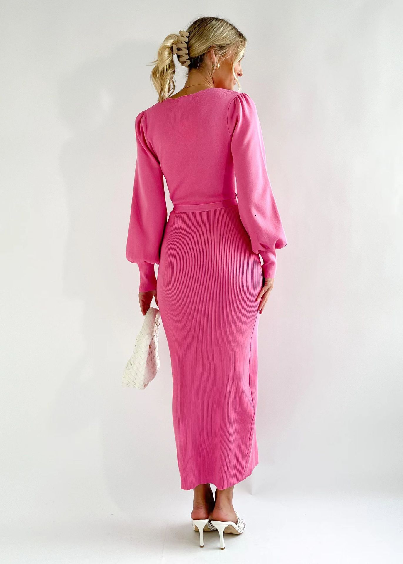 Womens New Autumn/winter Knitted Dress Slim Fit Deep V-neck Woolen Dress