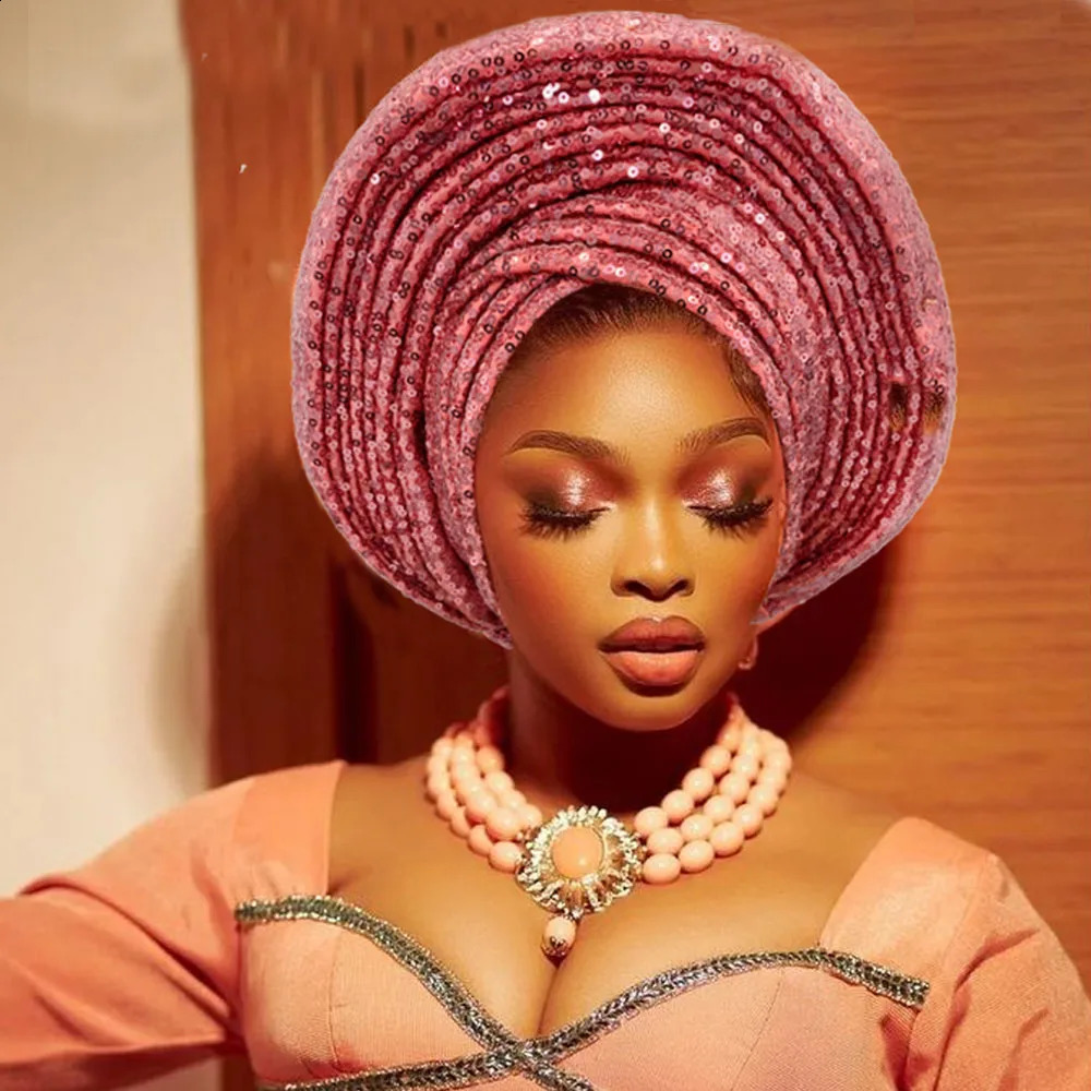 Sequins African Autogele Headtie Nigeria Wedding Geles Already Made Auto Gele Women Head Wraps Female Turban Cap Party Headgear250108