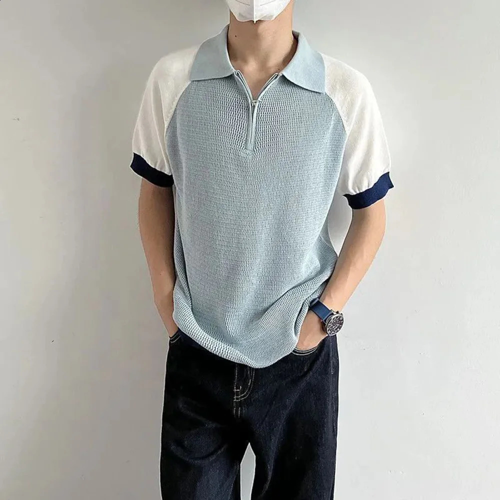 Polo shirt retro Y2k contrasting color patchwork T-shirt youth energy trend knitted breathable daily slim fit short sleeved top for summer 250109