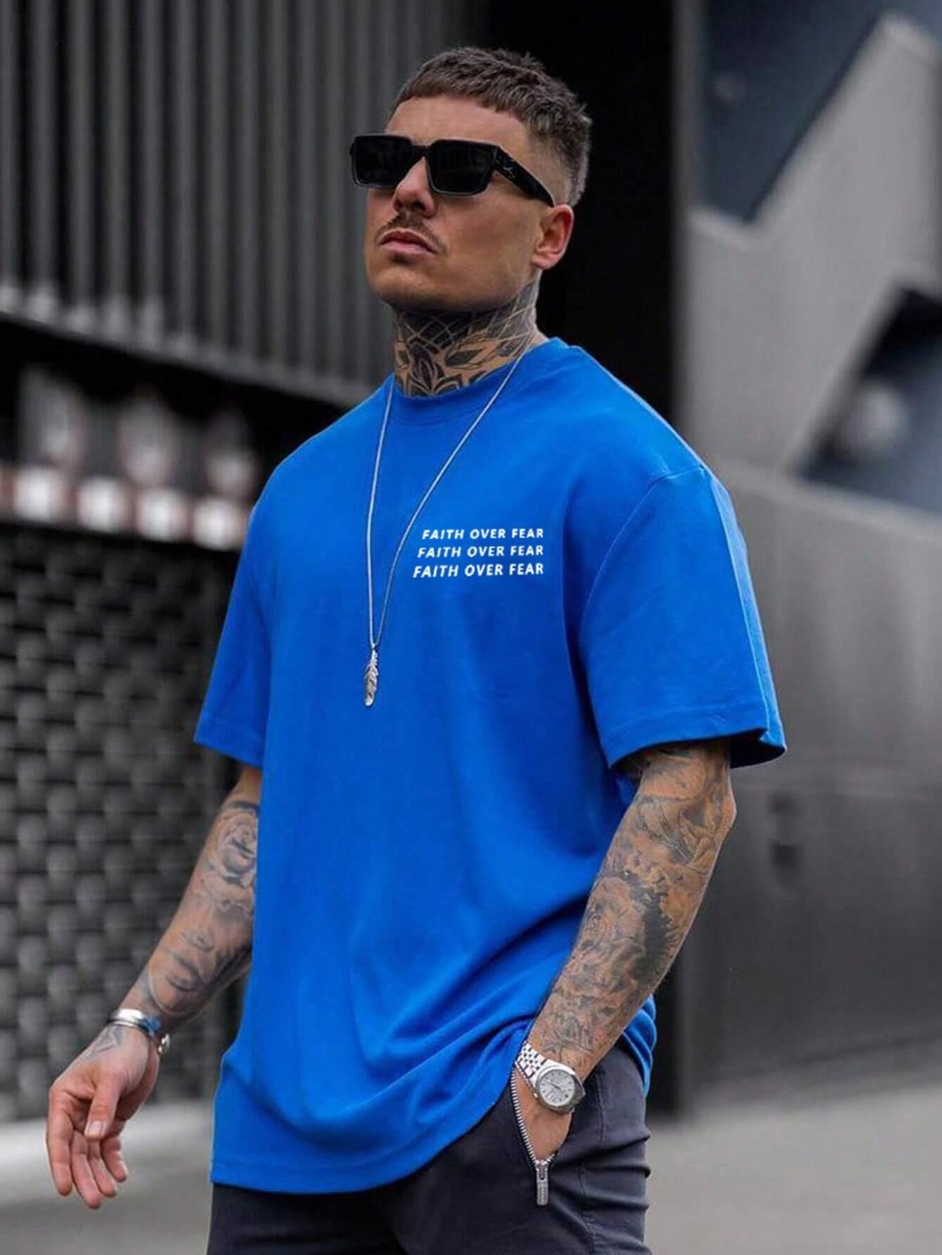 Faith Over Fear Positive Energy Letter Graphic Tshirts Men Fashion Cotton T-Shirts Summer Loose Tee Clothes Breathable Soft Tops