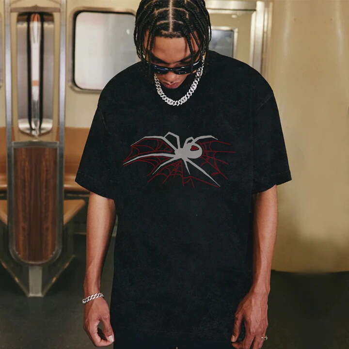 Street casual hip-hop punk style men's spider print washed summer trendy T-shirt