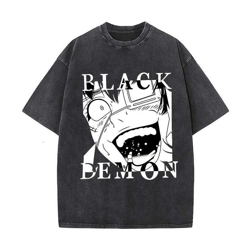 230g distressed washed T-shirt with American street print round neck trendy cotton off shoulder short sleeved shirt