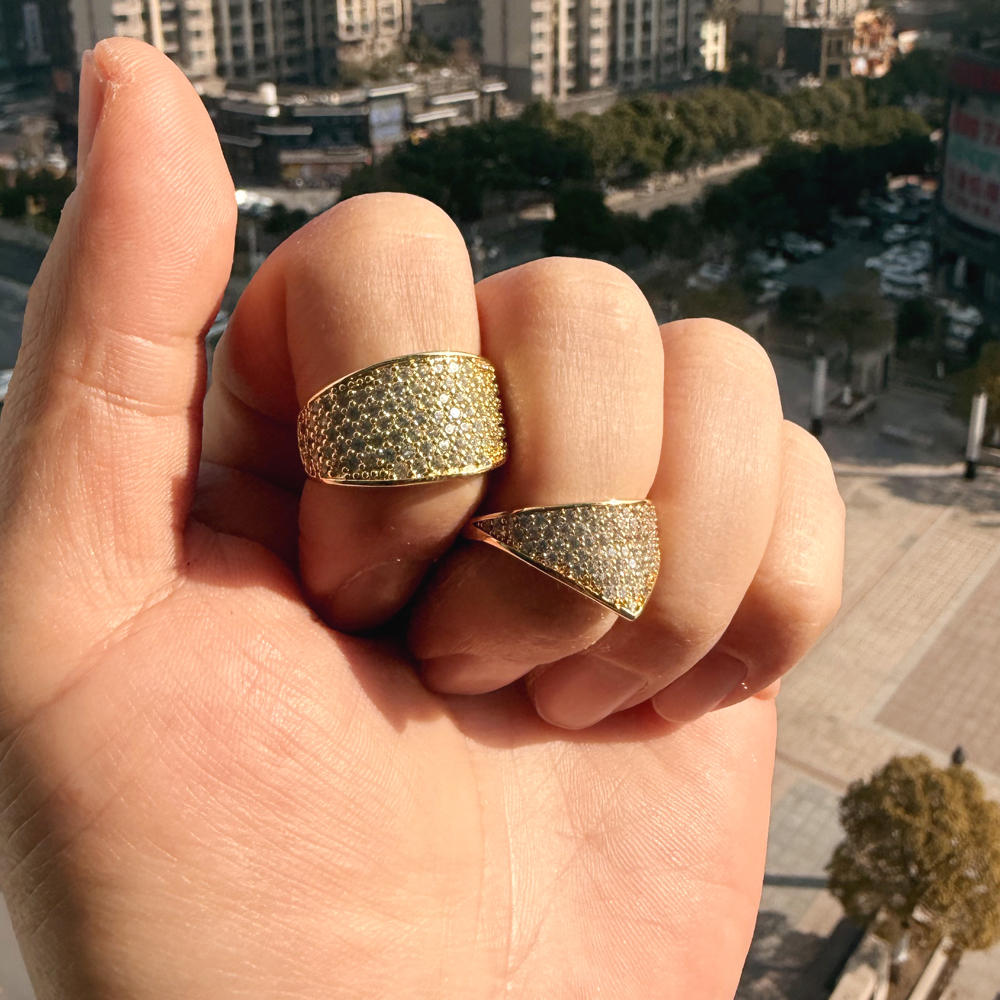 Gold Color Micro Pave 5A Cubic Zirconia Ice Out Finger Ring Prong Setting CZ Bling Women Men Wedding Engagement Jewelry