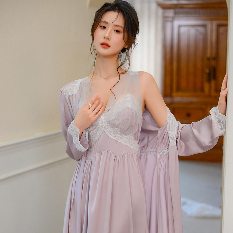 B651-French sexy pajamas for women 2024 autumn style ice silk sling nightgown lace pure desire style home clothes can be worn outside