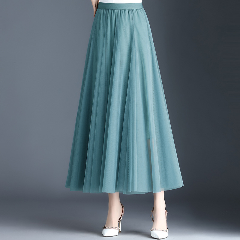 L3140 Large swing skirt Korean version A-line mesh skirt mid-length skirt high waist slim temperament dance long skirt