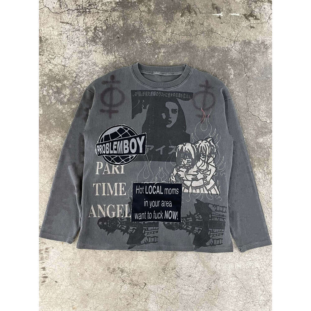 Y2K American Spring New Cartoon Printed Patch Embroidered Heavy Industry Men's and Women's Same Style Loose Long Sleeve Top