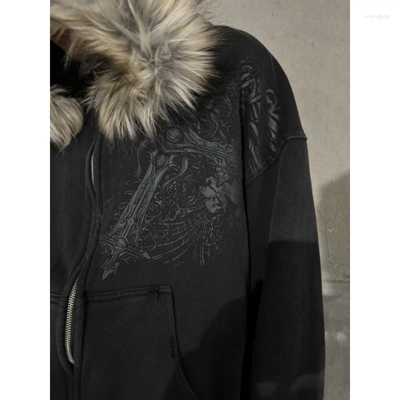 Mens Hoodies Punk Style Casual American Street Fur Hat Printed Pattern Long Sleeved Pullover Tops Retro Jacket Trend Sweatshirts