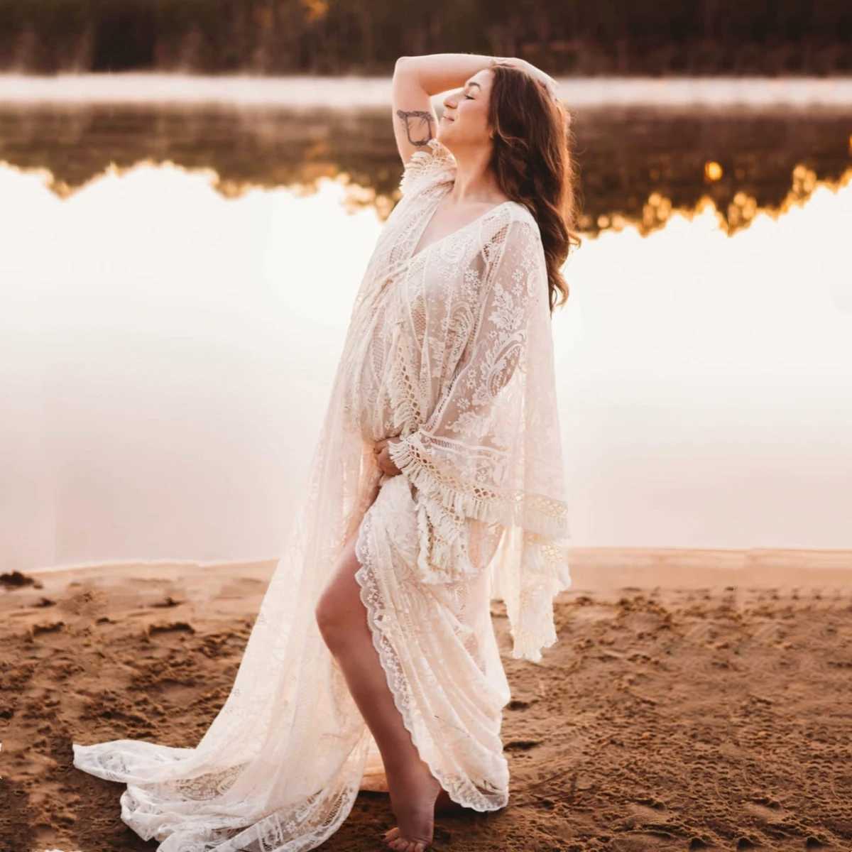 Bohemian pregnant woman dress beige lace long train Bohemian pregnant woman photo shoot dress W250113