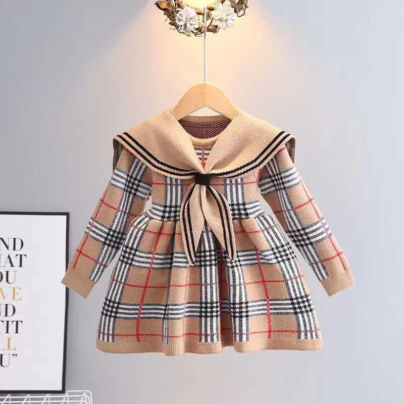 Toddler Girl Sweater Dress New Autumn Winter Warm 1-7Y Girls Plaid Knitted Sweater Dress Bow College Style Kids Clothes M250114