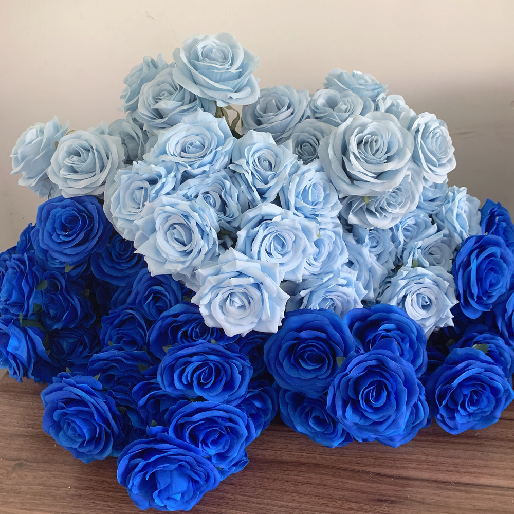 9 Heads Blue Rose Bouquet Artificial Flowers Light Blue Royal Blue Deep Blue Fake Roses Home Living Room Wedding Decor Bridal Bouquet