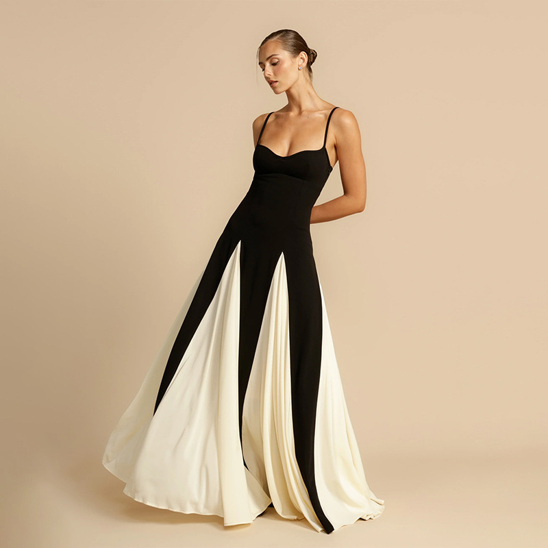 2024 Summer Elegant Female Vestidos Black White Patchwork Hem Maxi Dress Women Sexy Sleeveless Bodycon Sling Party Dresses