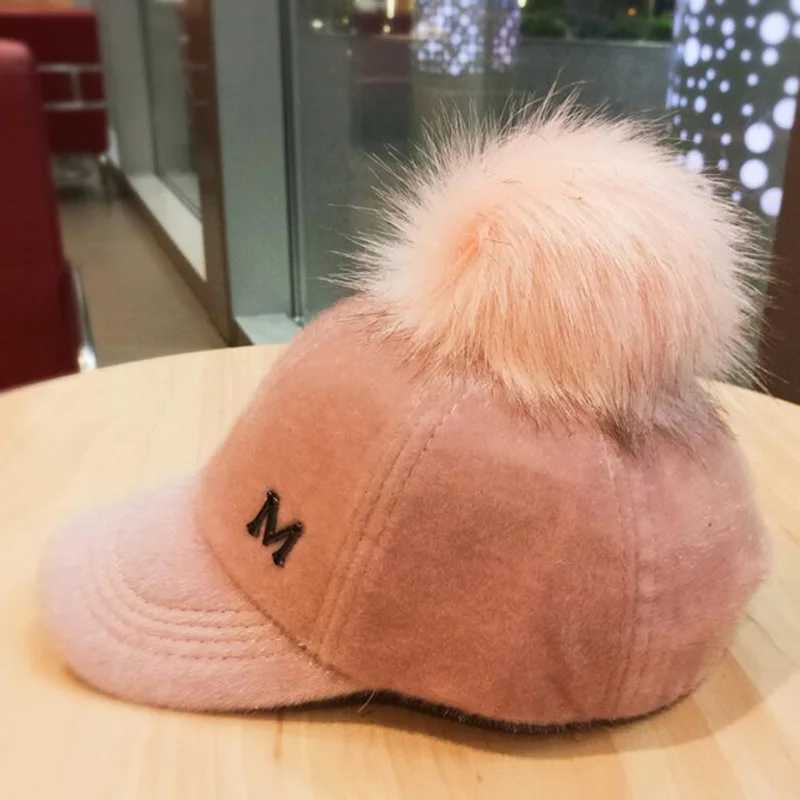 Winter thick womens fur ball hat letter M baseball C retro cs female bone gorras curve suitable for washing retro dad hat W250113