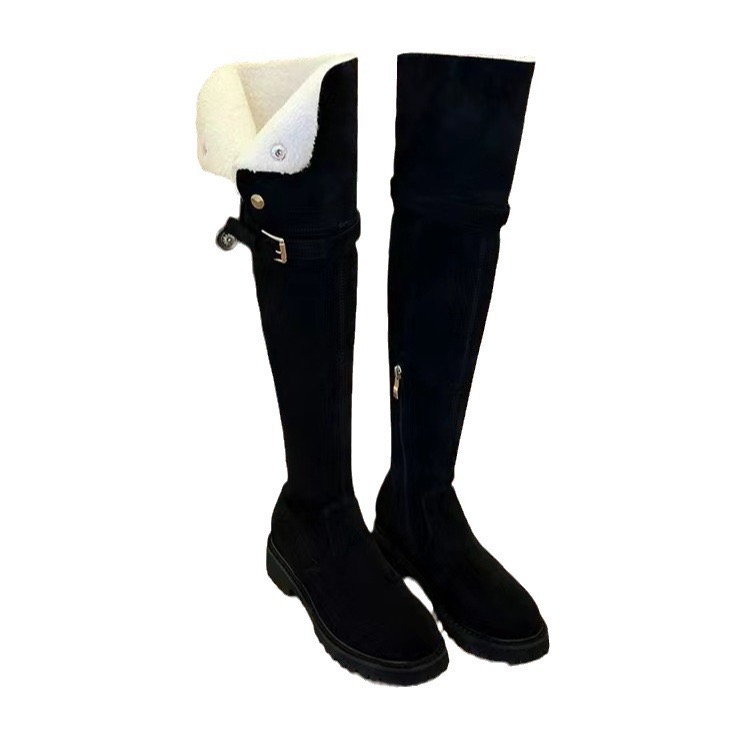 Winter Black New Lamb Wool Over The Knee Woman Round Toe New Slip On Tube Warming Fur Long Thigh Boots 1a26