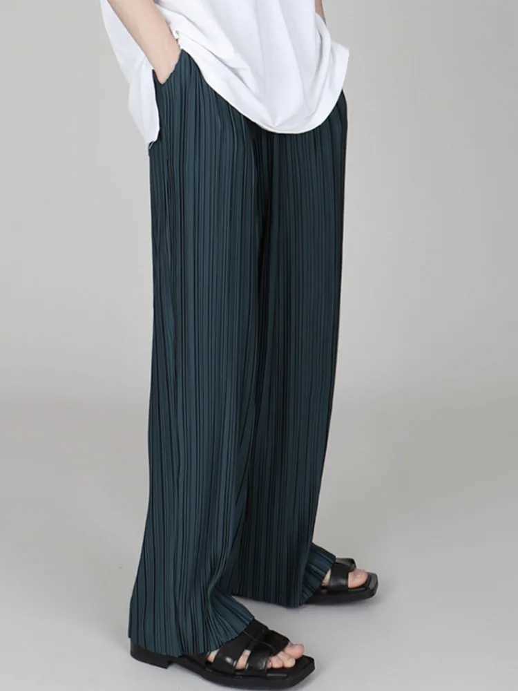 SYUHGFA Men Clothing 2024 Spring Autumn Ice Silk Pleated Wide Leg Pants Elastic Waist Causal Loose Straight Trousers For Male X250113