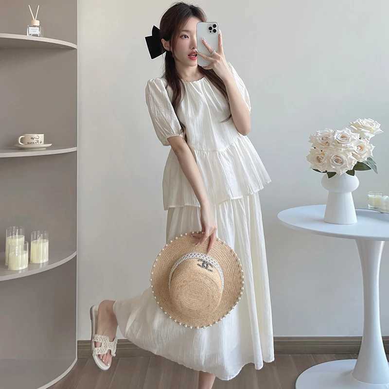 Korean Chiffon Loose Summer Pregnant Dress with Puff Sleeves O-Neck Ruffle Edge Work Patch Womens Artificial Two Piece Dress W250113